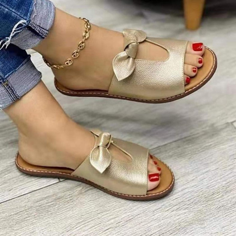 Women's Slide Sandals – Bow Accent Open Toe Summer Flats