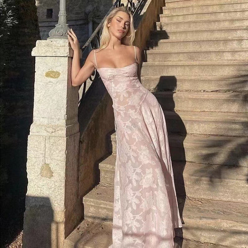 Women's Floral Lace Maxi Dress – Sweetheart Spaghetti Strap
