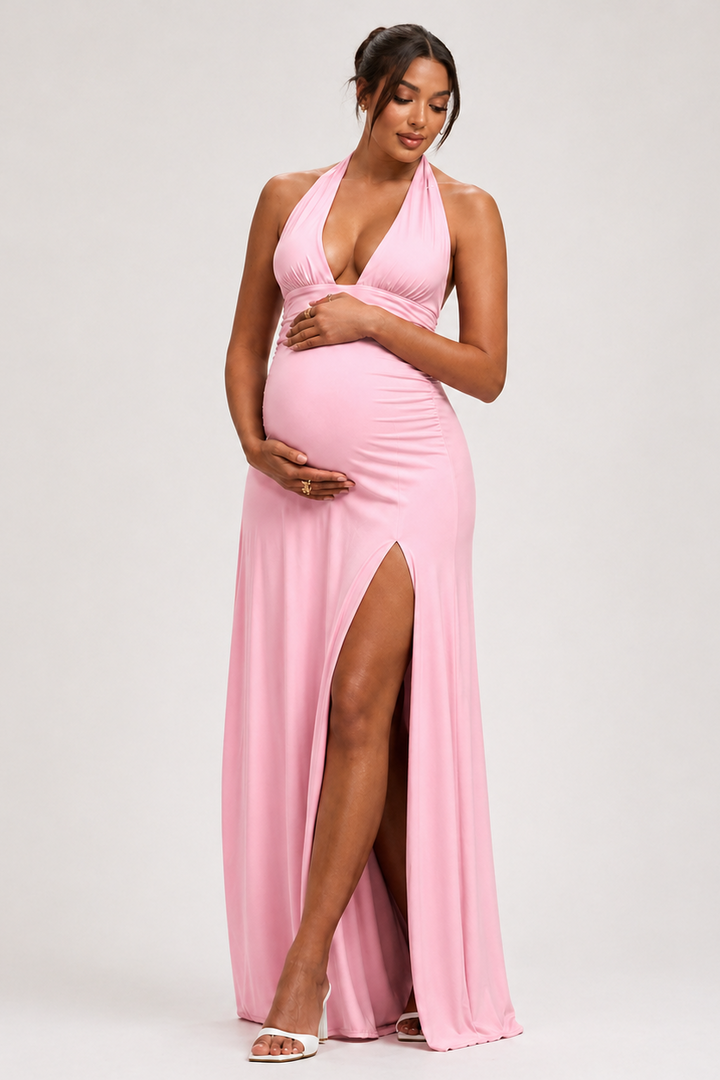 Maternity Maxi Dress – Halter Neck Open Back Side Slit Gown