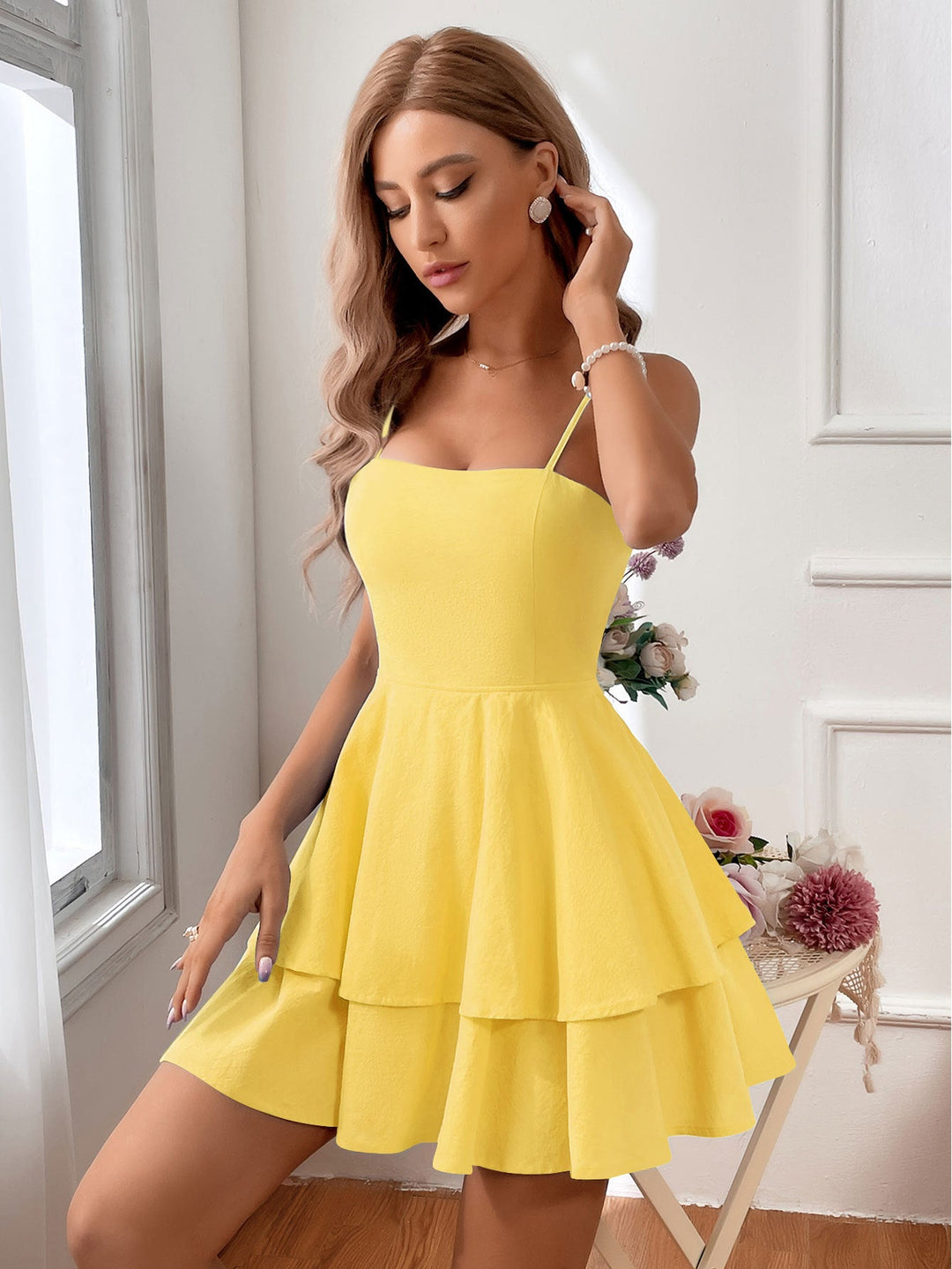 Women's Mini Dress Tiered Ruffle Spaghetti Strap – Fitted Bodice