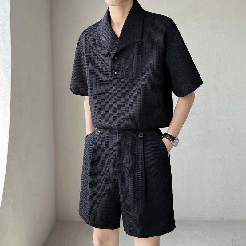 Men's Shirt and Shorts Matching Set – Waffle Knit Notched Collar