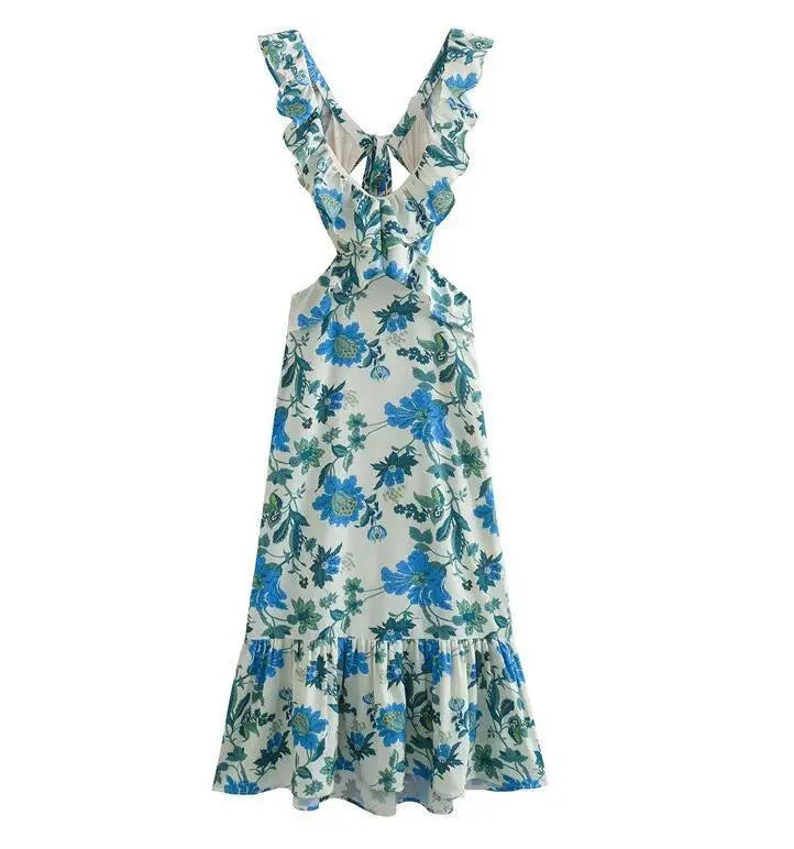 Women's Printed Ruffle Maxi Dress V-Neck – Batwing Sleeves Summer