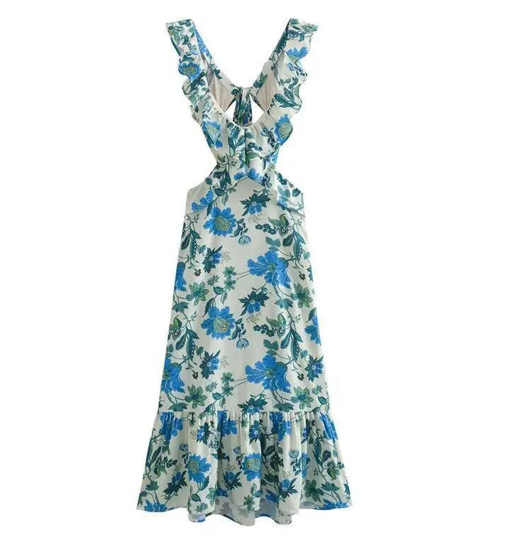 Women's Printed Ruffle Maxi Dress V-Neck – Batwing Sleeves Summer