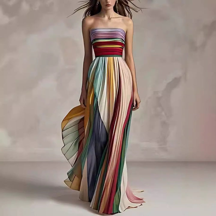 Strapless Maxi Dress – Colorful Vertical Stripe Print | Summer