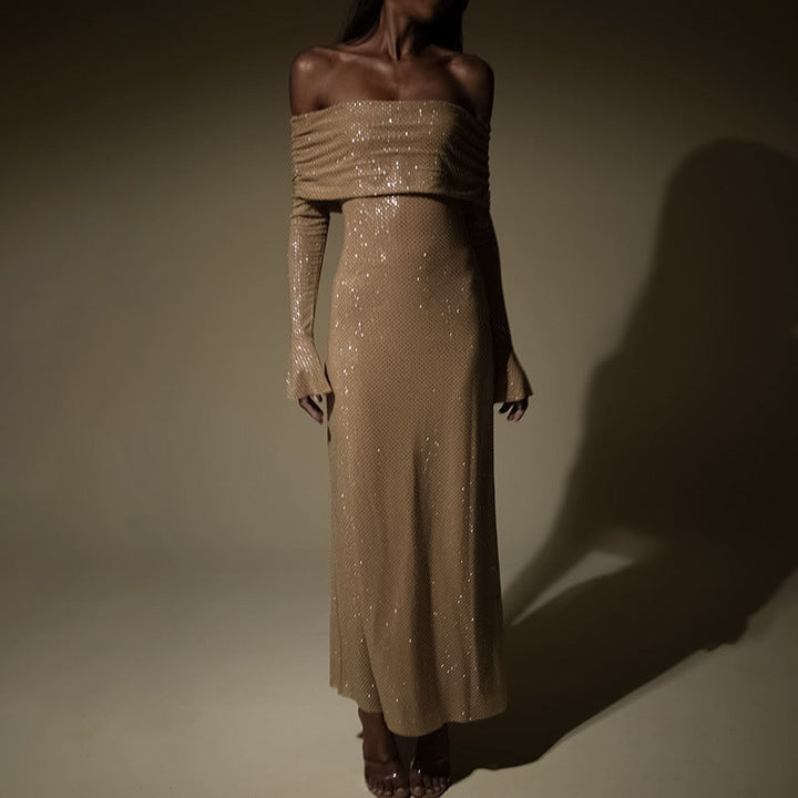 Bodycon Off Shoulder Maxi Dress – Shimmer Stretch Gown