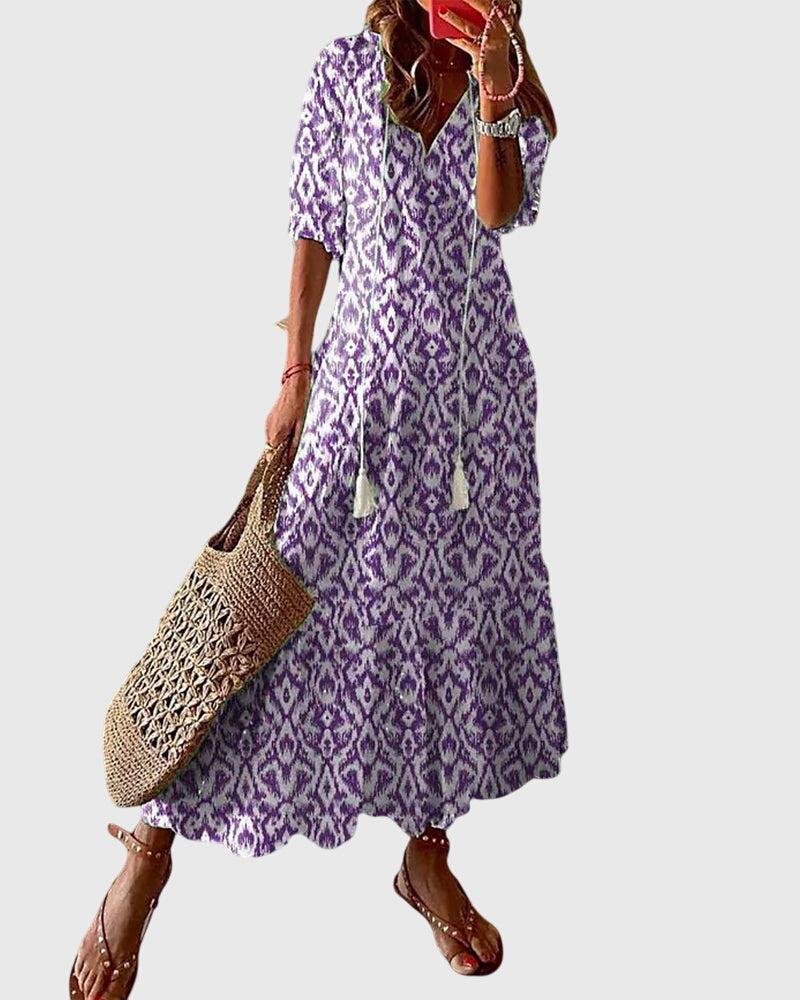 Women's Boho Vintage Maxi Dress V-Neck – Short Sleeve Summer Style