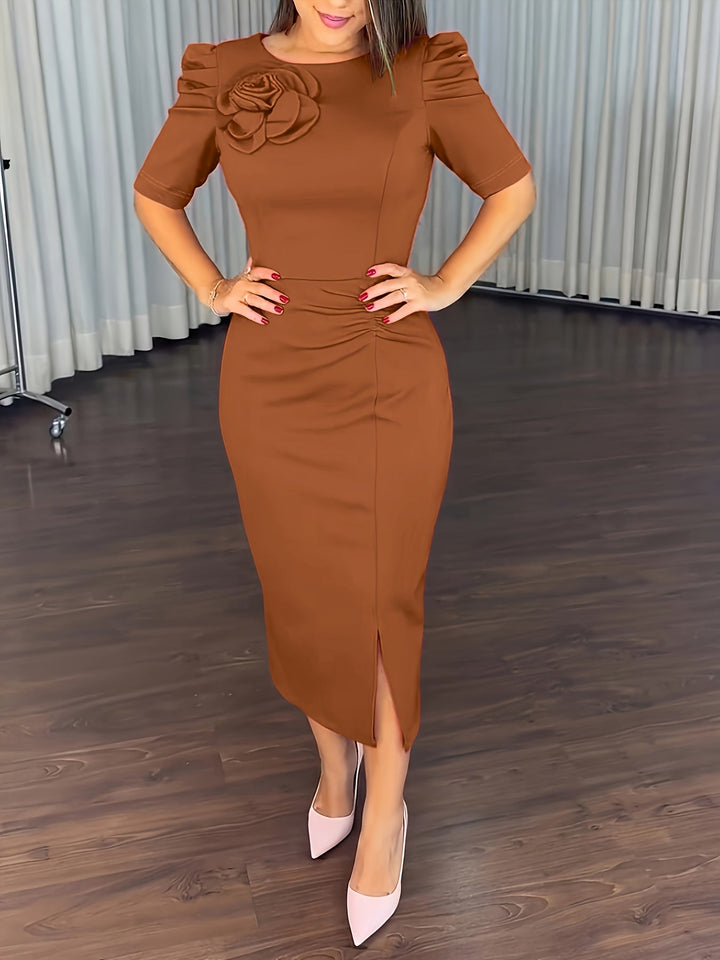 Women's Bodycon Midi Dress – Puff Sleeve Ruched Front Detail