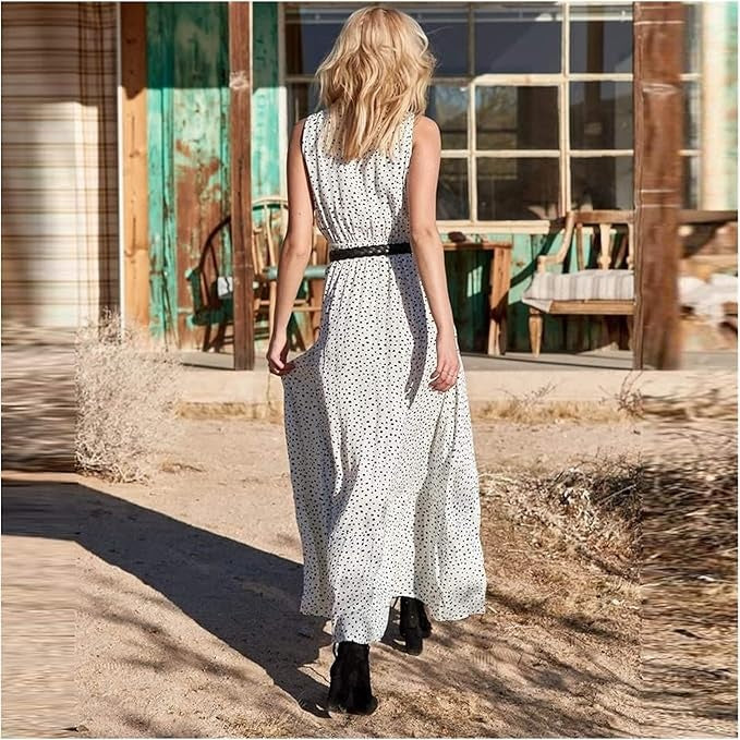 Women's Boho Sleeveless V-Neck Maxi Dress – Flowing Pattern Summer