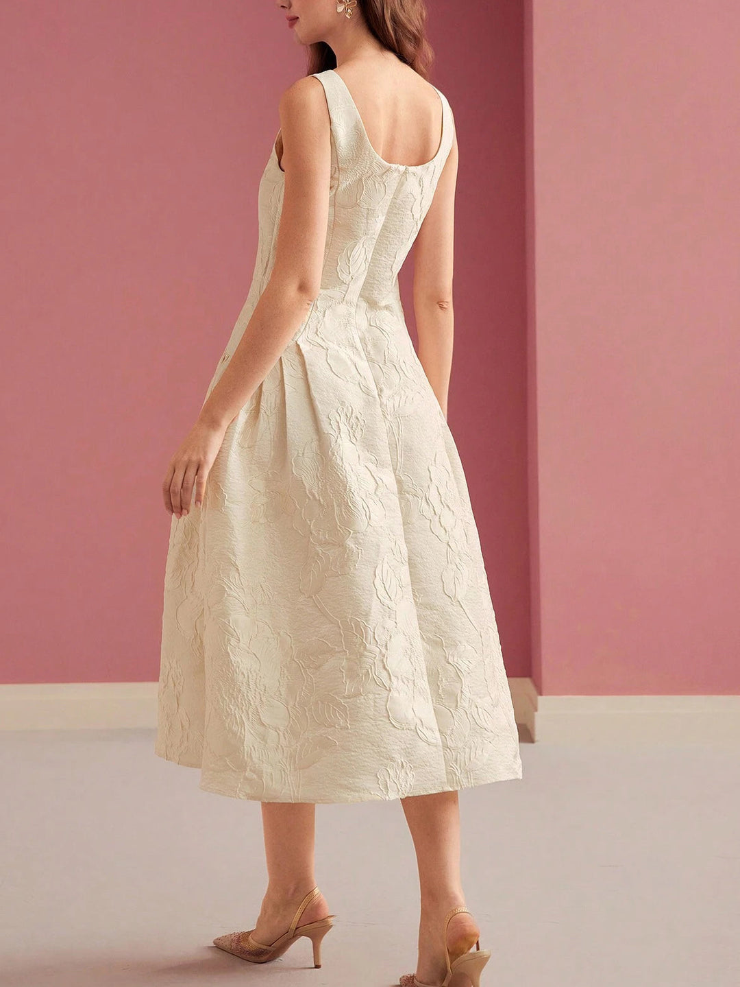 Women's Jacquard Floral A-Line Midi Dress – Boat Neck Pearl Belt