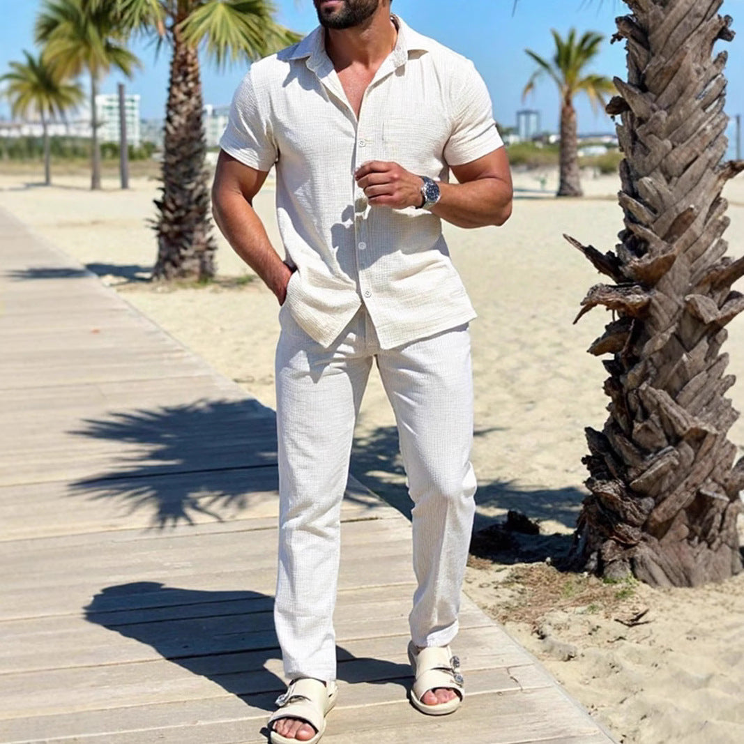 Men's Two Piece Set – Camp Collar Shirt & Straight Leg Trousers