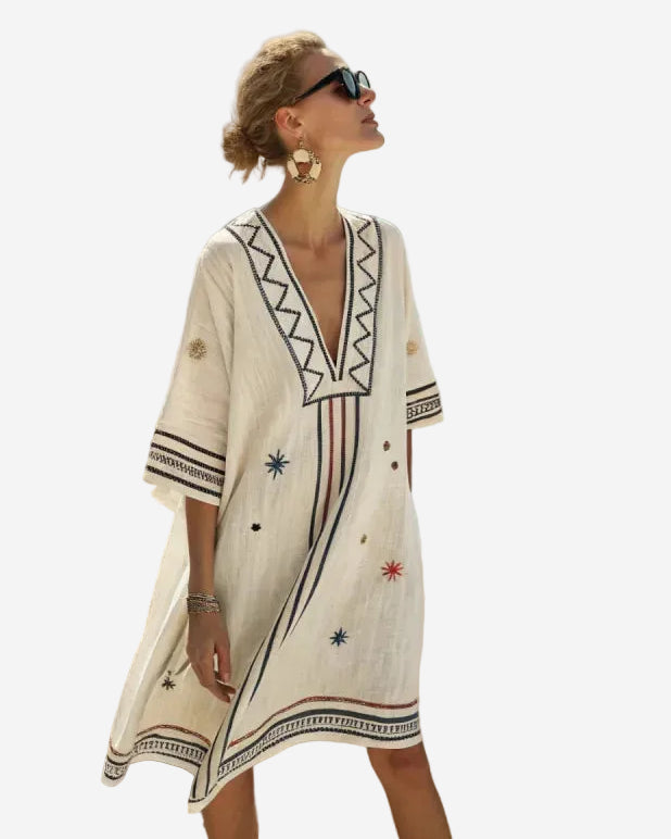 Women's Printed Kaftan Mini Dress – V-Neck Wide Sleeve