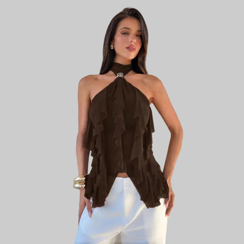 Women's Ruffle Halter Top – Layered Semi-Sheer Blouse