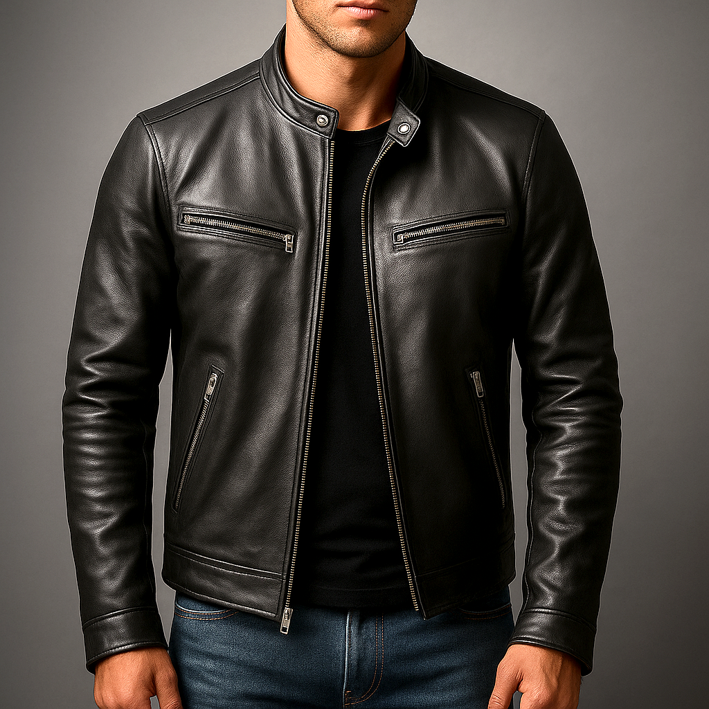 Men's Vegan Leather Vintage Jacket – Four Pockets Metal Zipper Lined