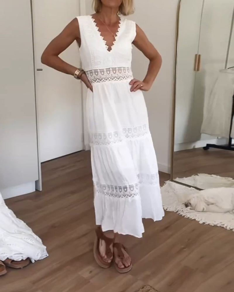 Women's Boho Sleeveless V-Neck Midi Dress – Flowing Delicate Detail