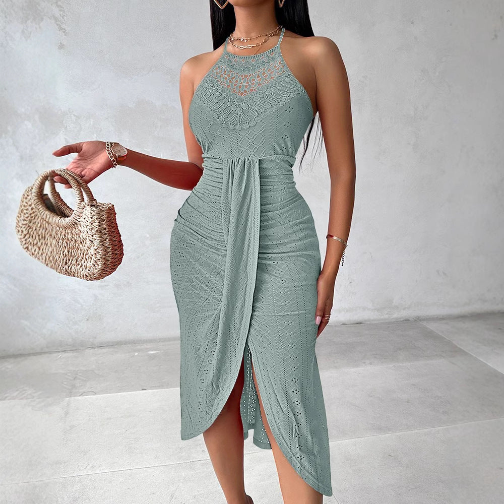 Eyelet Lace Halter Maxi Dress – A-Line Front Slit Gown