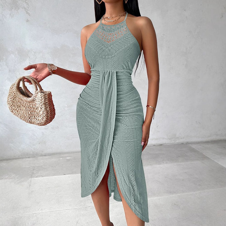Eyelet Lace Halter Maxi Dress – A-Line Front Slit Gown