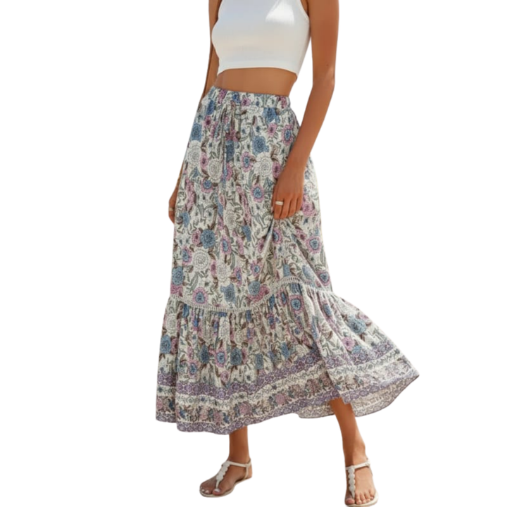 Floral Maxi Skirt – High-Waist Drawstring A-Line, Cotton