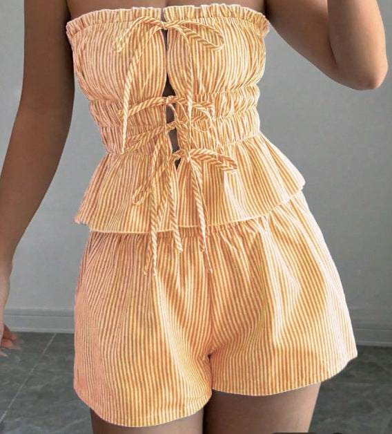 Women's Ruffle Top High-Waist Shorts Set – Breathable Summer Co-Ord