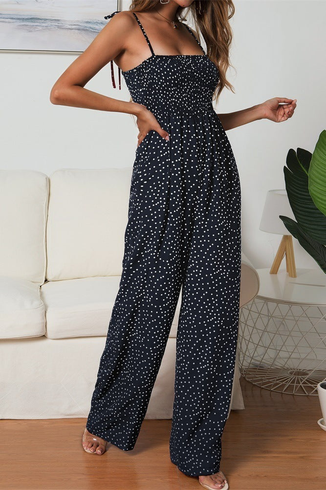 Women's Wide Leg Jumpsuit – Smocked Bodice & Spaghetti Straps