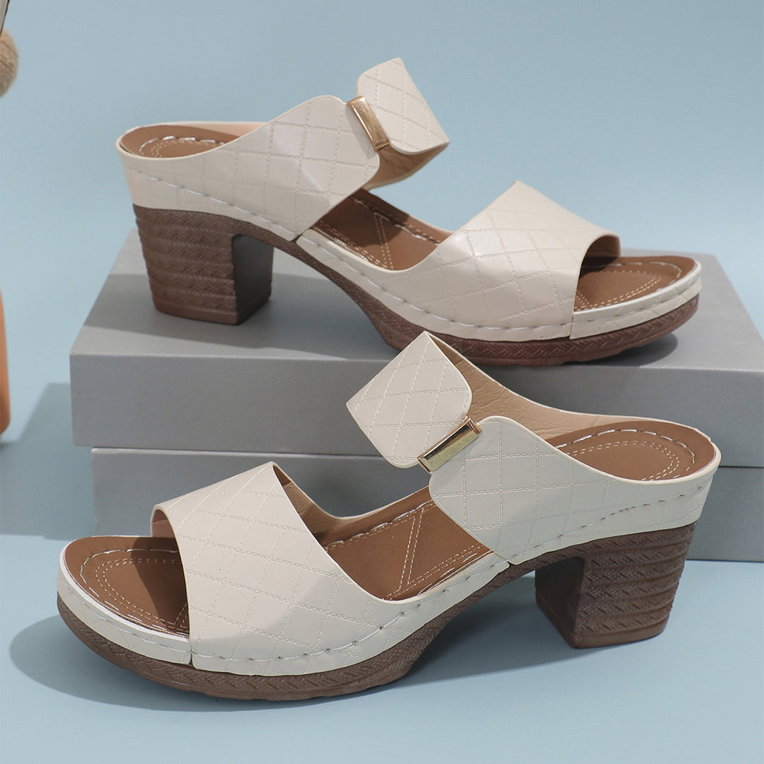 Women's Chunky Heel Sandals Plaid Texture – Round Toe Two-Strap Slide