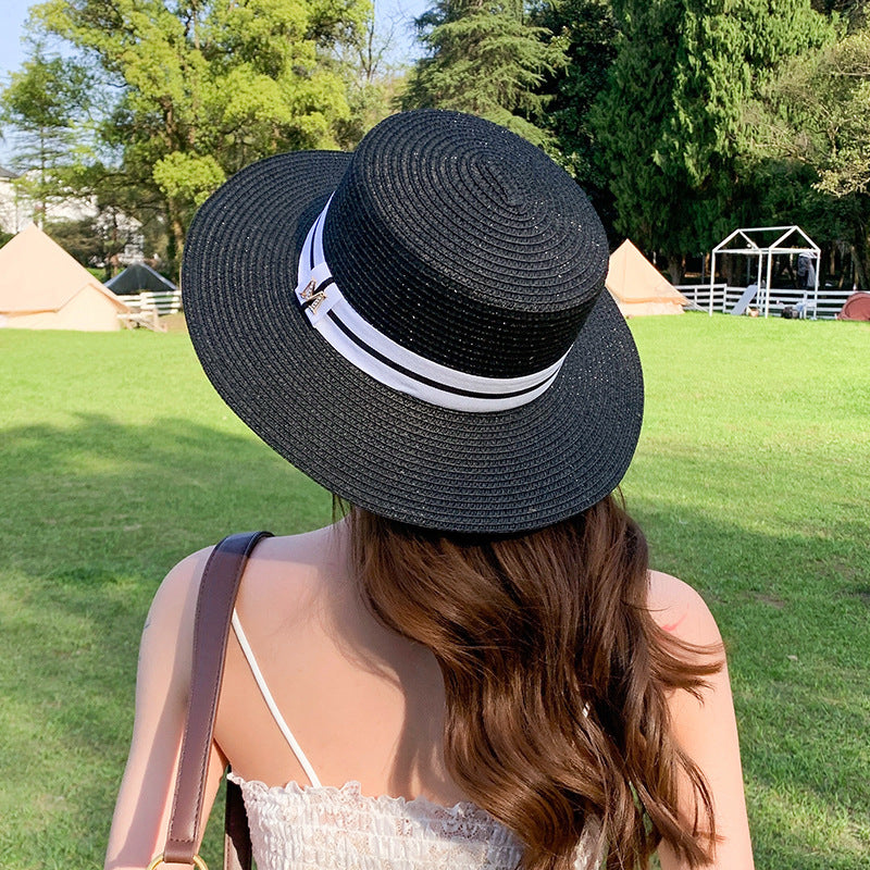 Flat Top Straw Hat – Rhinestone Wide Brim Sun Hat Women