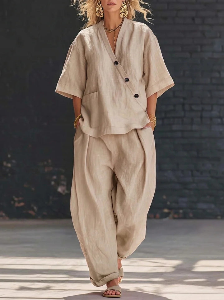 Women's Two Piece Set V-Neck Top & Wide-Leg Trousers