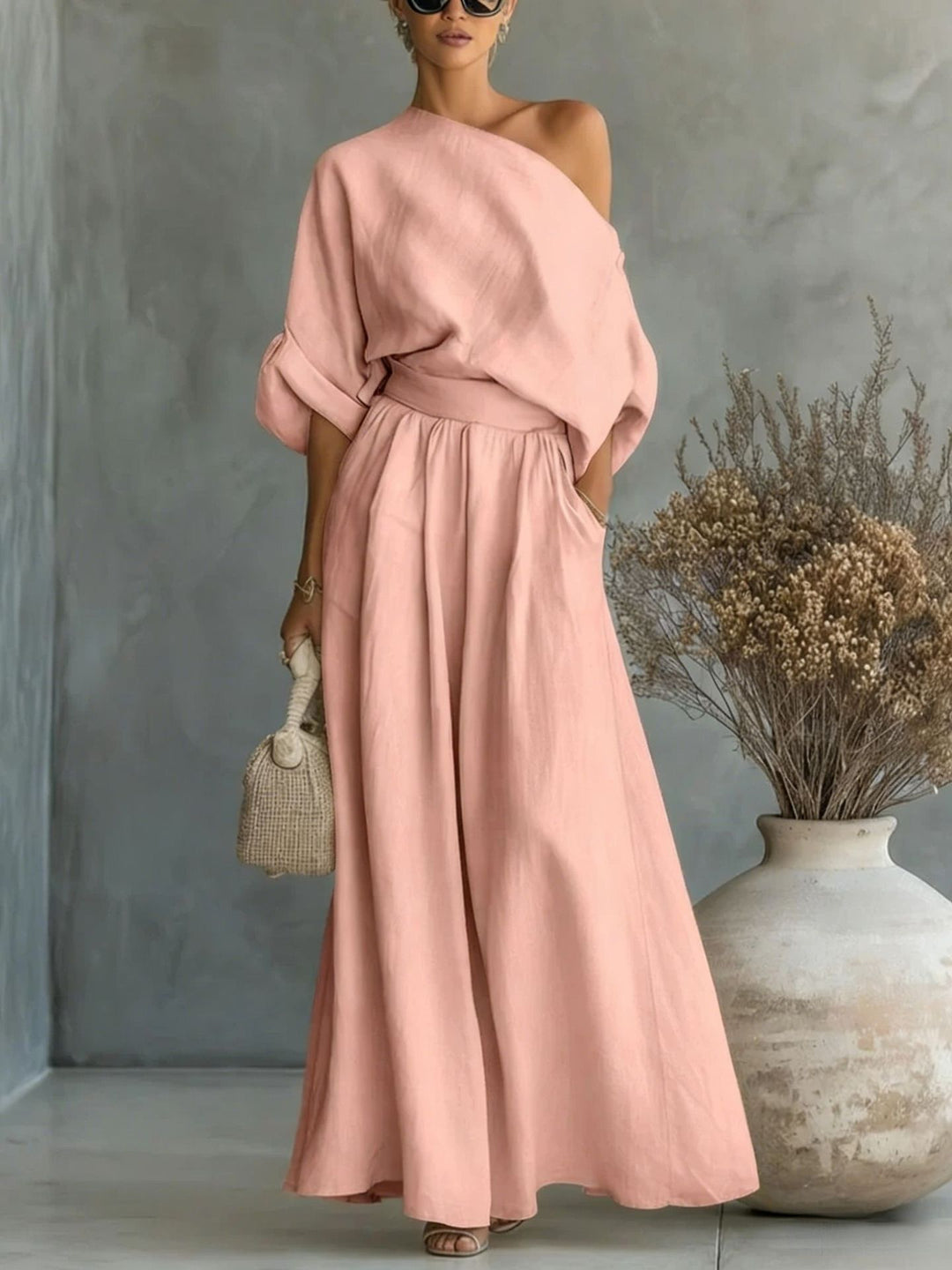 Linen Two Piece Set Women – Draped Blouse & Wide Leg Trousers