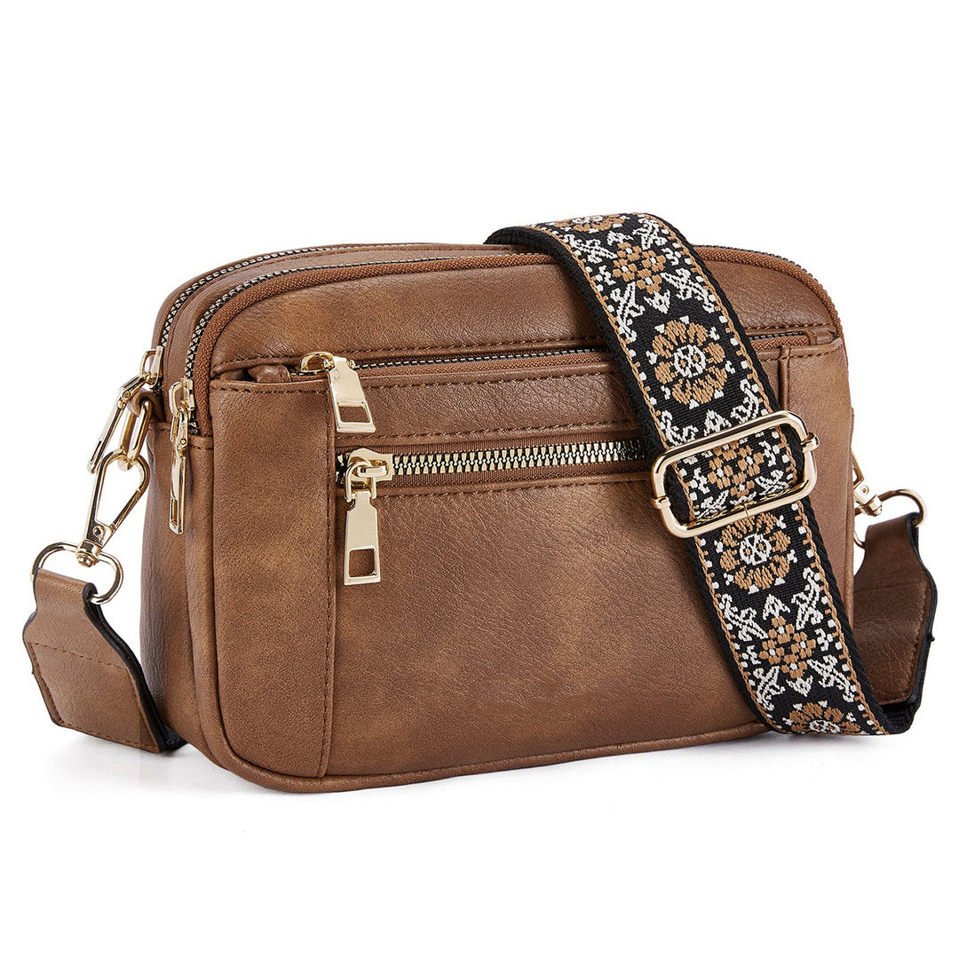 Women's Colorblock Crossbody Bag – Triple Zipper Embroidered Strap