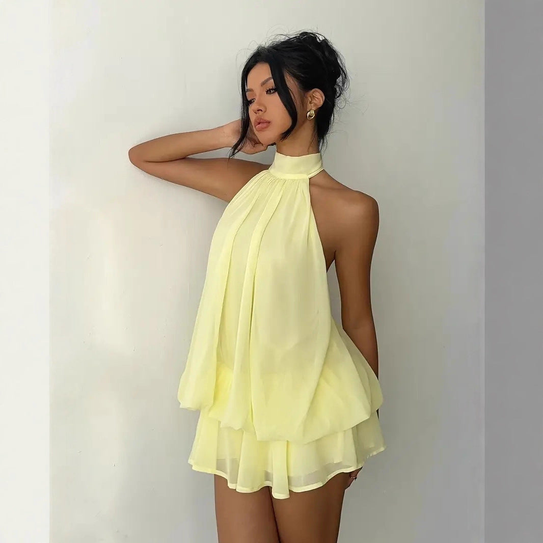 Women's Chiffon Mini Dress – Tiered Ruffle Halter Neck