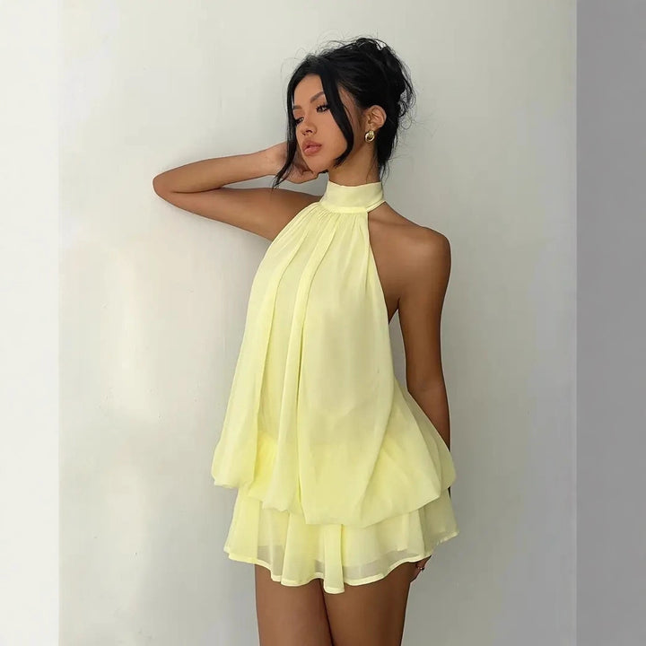 Women's Chiffon Mini Dress – Tiered Ruffle Halter Neck