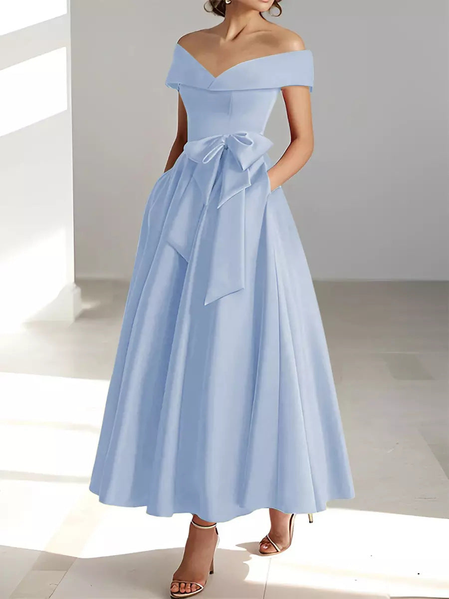Mother of the Bride Dress Satin A-Line – Off-Shoulder Ankle Pockets