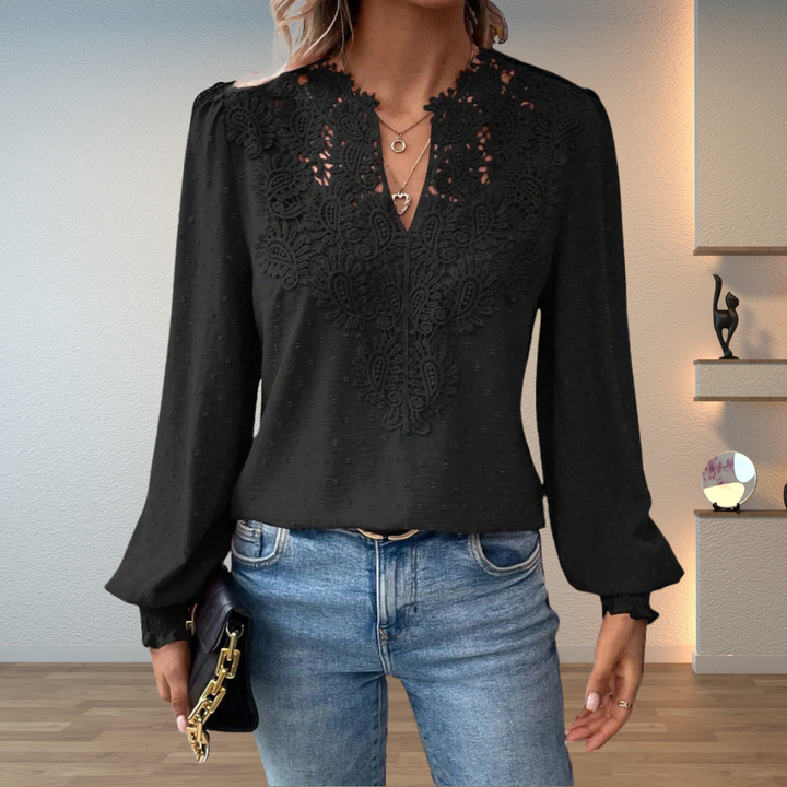 Embroidered V-Neck Blouse – Women's Gathered Sleeve Top