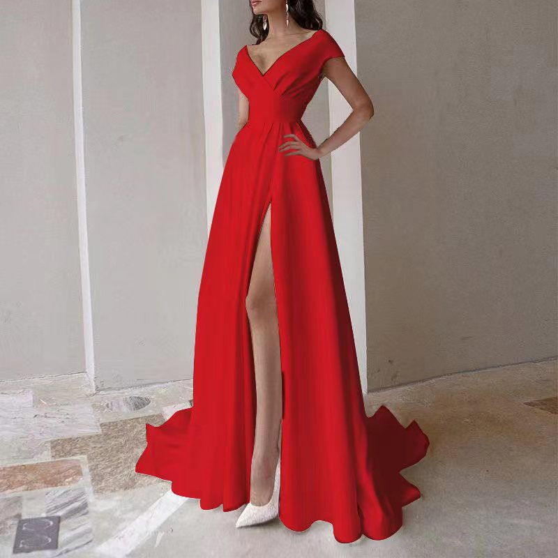 Women's V-Neck Floor Length Evening Dress – Structured Bodice High Slit Elegant
