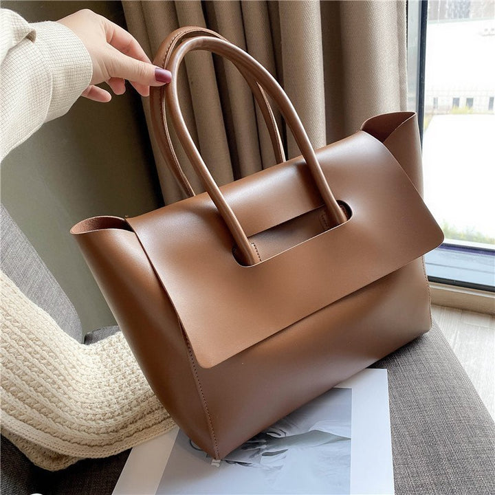 Women's Large Capacity Leather Tote Bag – Retro Handbag, Solid Color