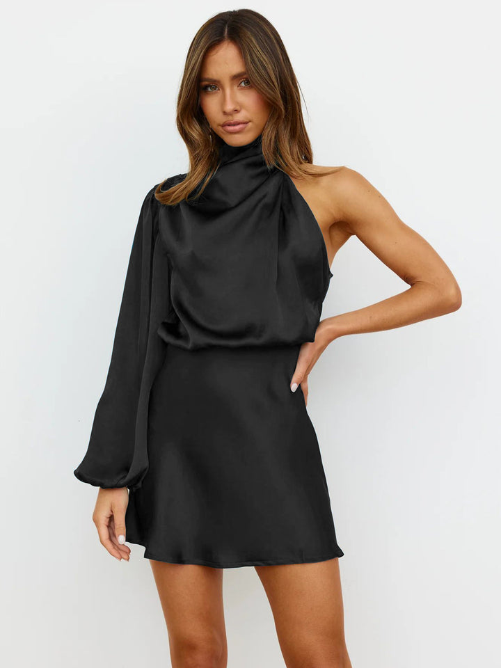 Women's One-Shoulder Satin Mini Dress – Balloon Sleeve Asymmetric