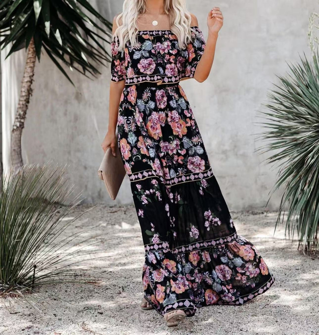 Floral Maxi Dress Off-Shoulder Belted – Boho Vacation Sweeping Hem