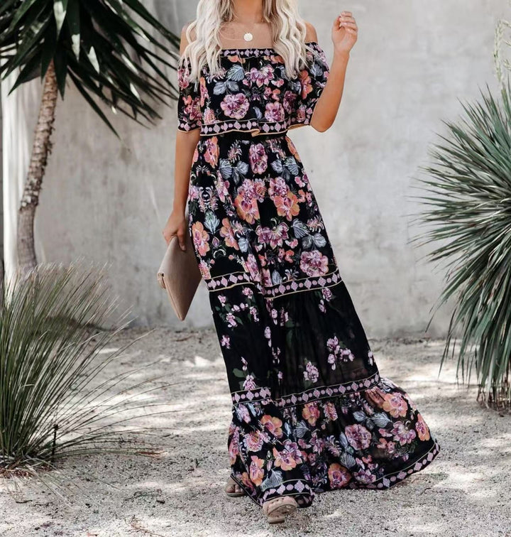 Floral Maxi Dress Off-Shoulder Belted – Boho Vacation Sweeping Hem