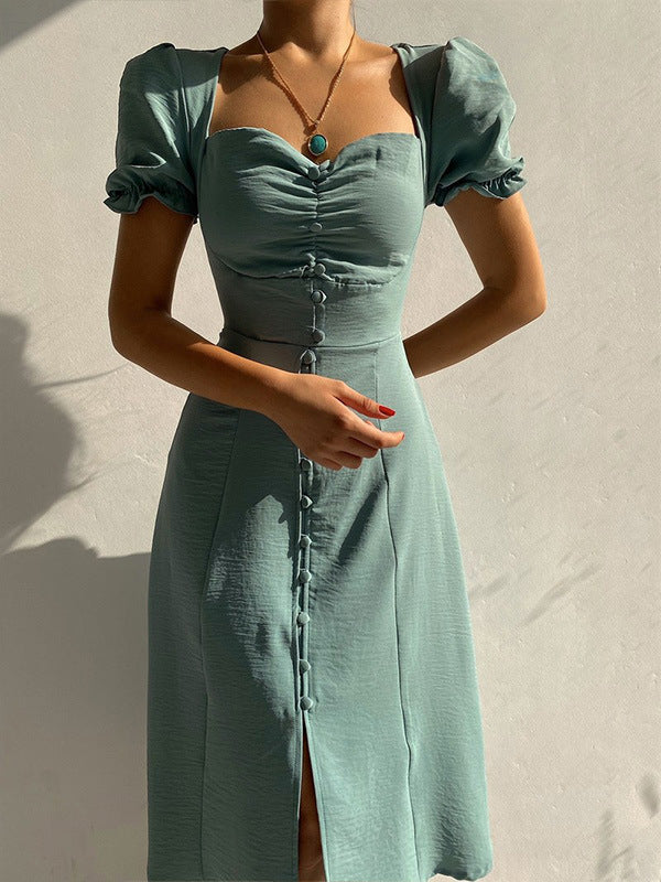 Midi Dress Women V-Neck Single Breasted A-Line – Flattering Mid-Length