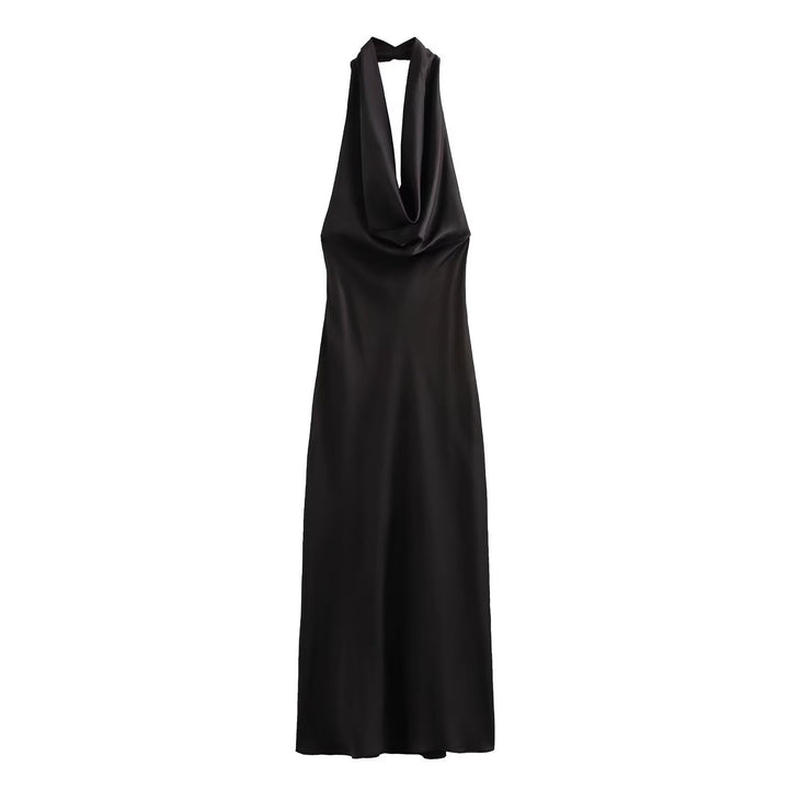 Satin Halter Maxi Dress Silky Backless Gown – Open-Back Evening Style