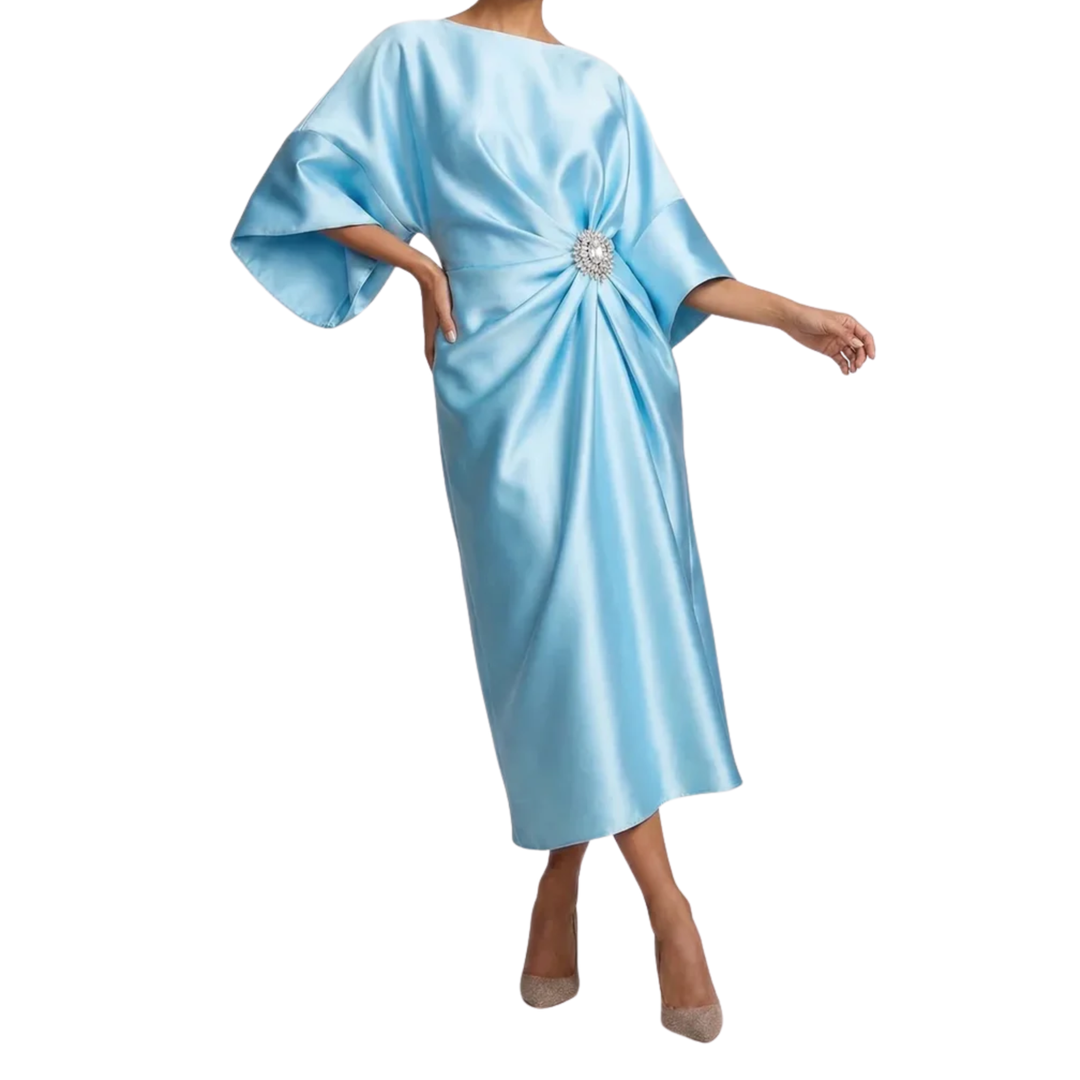 Women's Satin Midi Dress Batwing Sleeves – Bateau Neckline Jewel Waist