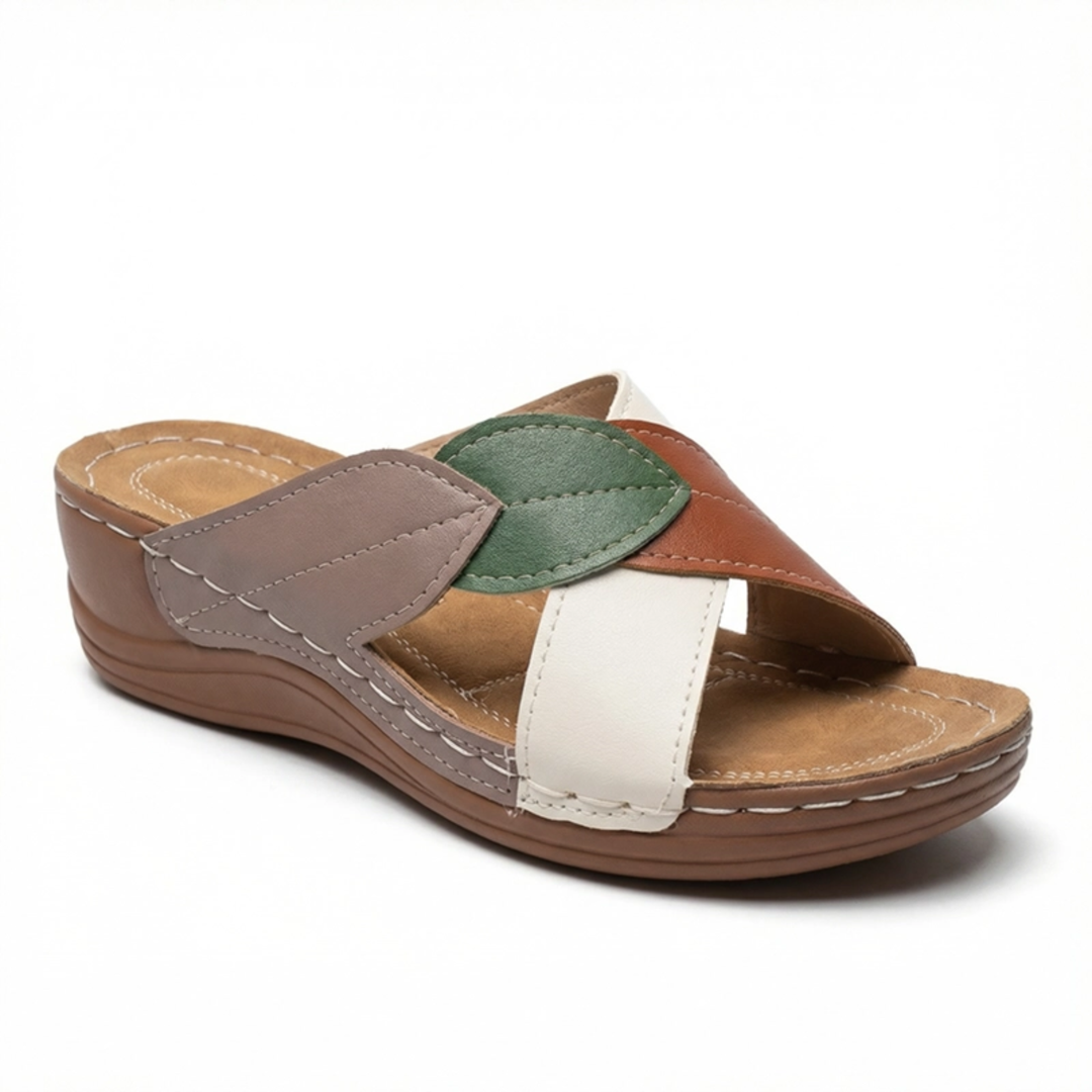 Women's Wedge Slide Sandals – Leaf Print Crossover Strap