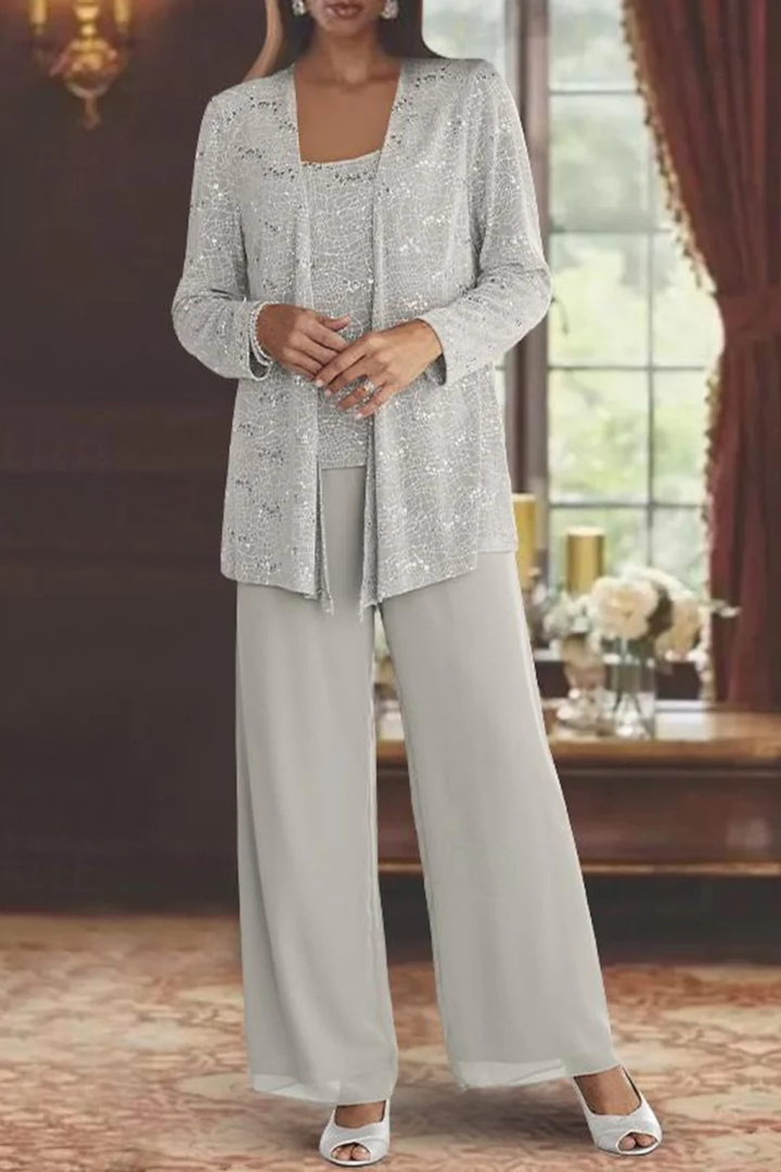 Sequin Lace Three-Piece Suit – Women's Wide Leg Trouser Set