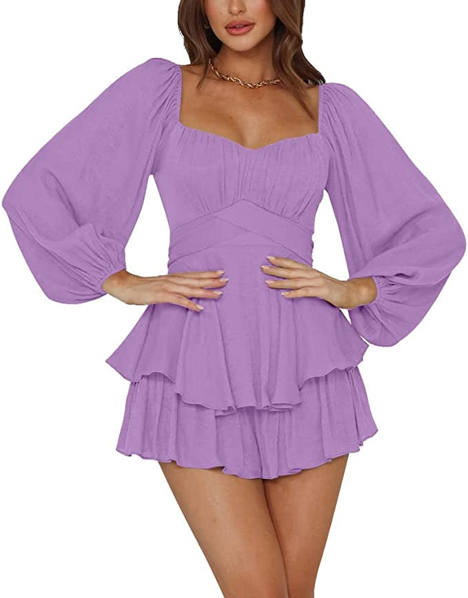 Women's Ruffle Jumpsuit Lantern Sleeve – Cinched Waist Layered Culotte