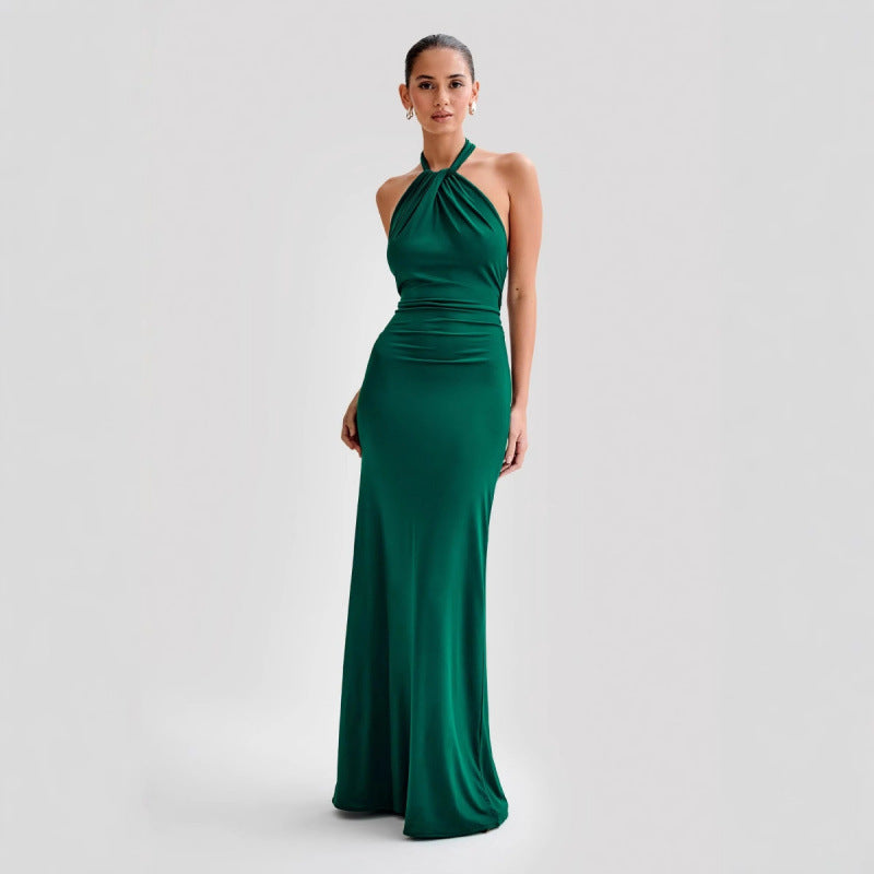 Satin Halter Maxi Gown – Open Back Ruched Waist Dress