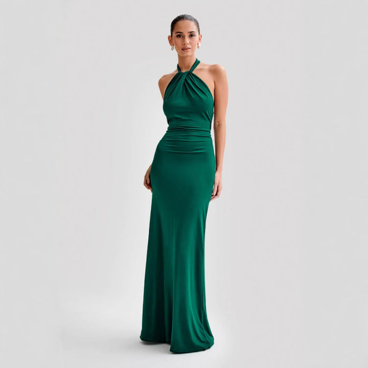 Satin Halter Maxi Gown – Open Back Ruched Waist Dress