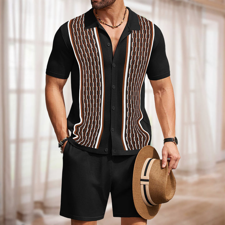 Men's Two-Piece Set – Geometric Knit Shirt & Shorts