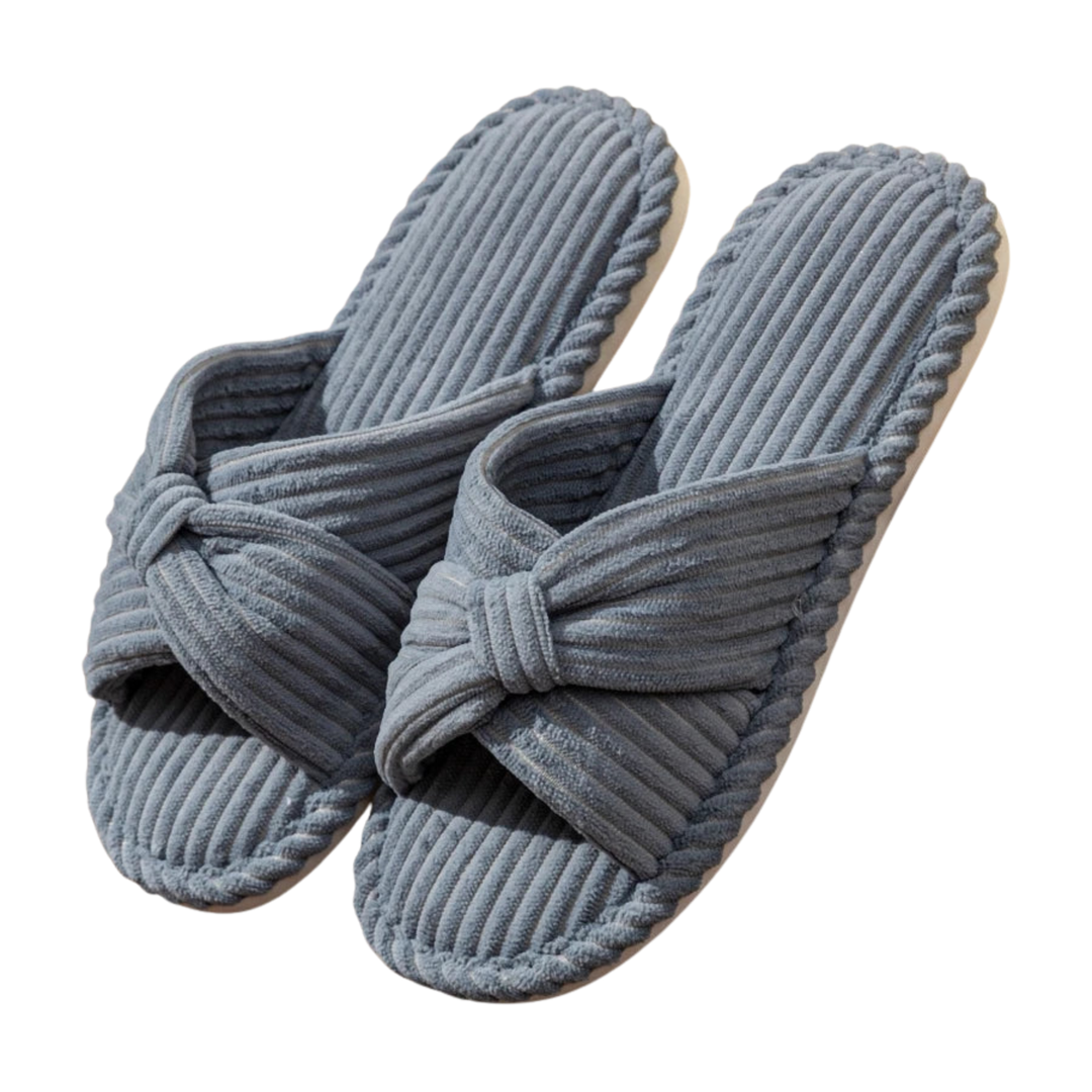 Women's Slippers – Corduroy Open Toe Slip-On with Bow Detail