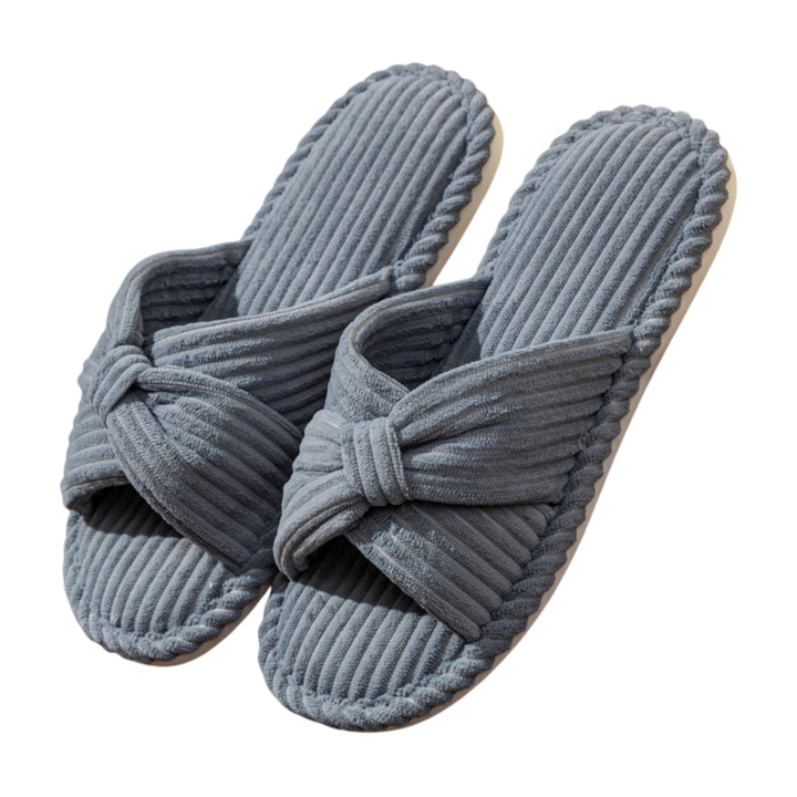 Women's Slippers – Corduroy Open Toe Slip-On with Bow Detail