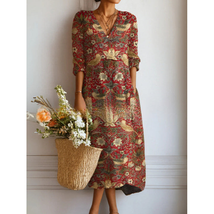 Printed Midi Dress – Women's Retro Art Pattern Relaxed Fit
