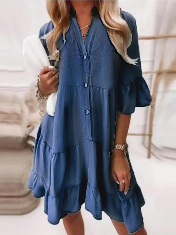 Denim Midi Dress Women Washed Cotton – Half Sleeve Relaxed Fit